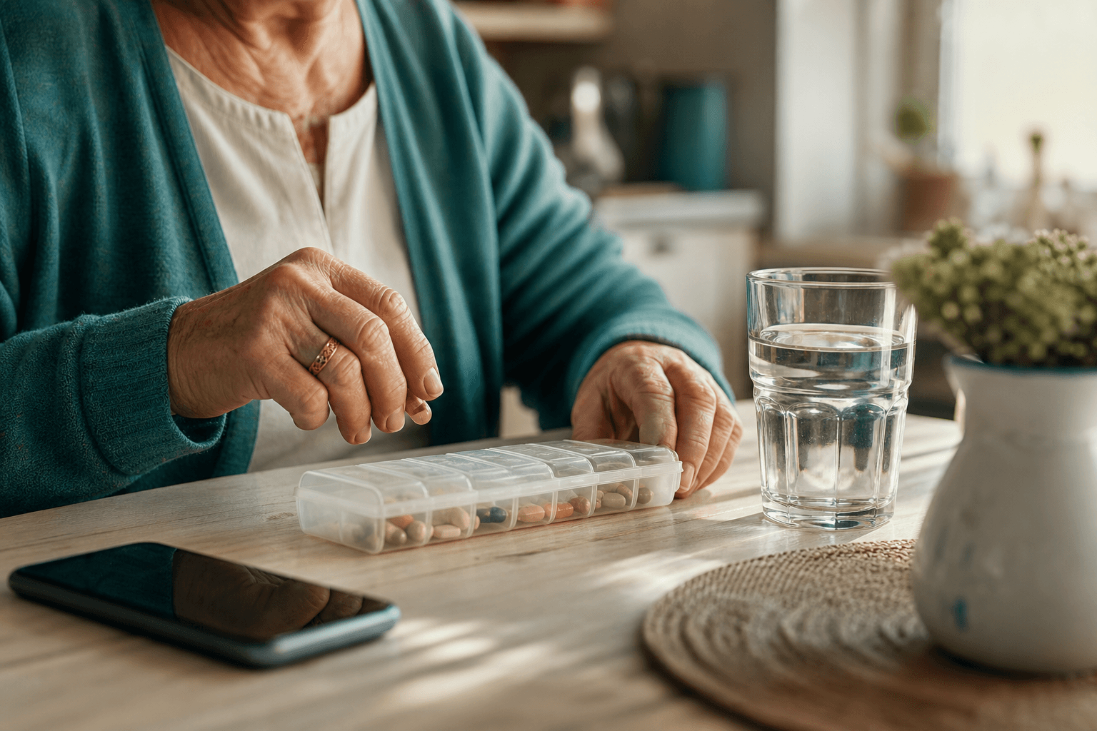 An older woman taking a pill from a weekly organizer next to a glass of water