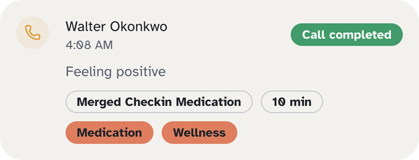 A completed morning check-in summary in the Kinse timeline